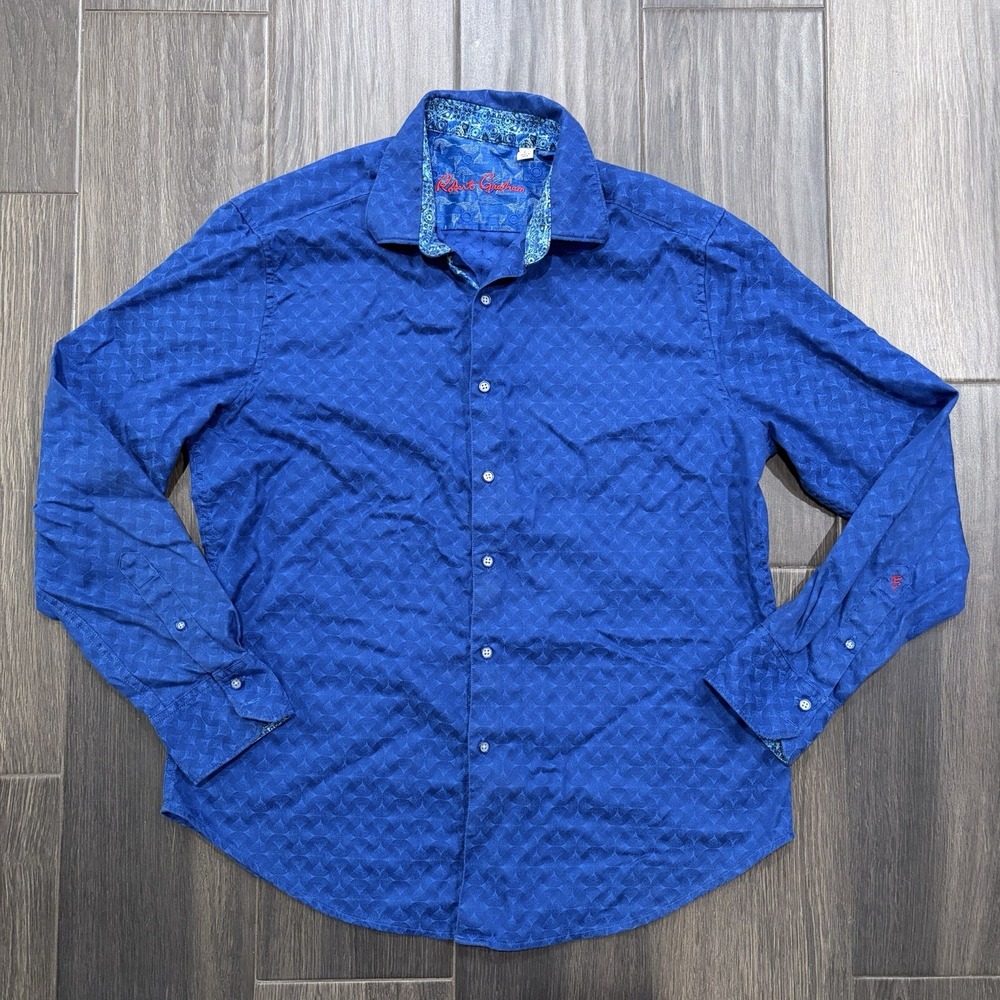 Robert Graham Men's Large Blue Jacquard Floral Contrast Trim Button Up Shirt